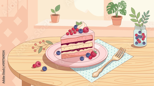 A slice of pink layered cake with berries and cream sits on a plate with a fork on a wooden table, complemented by potted plants in a bright, cheerful illustration.