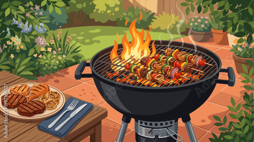 A charcoal grill sizzles with meat and vegetable skewers in a lush, green backyard garden setting, evoking a feeling of summer celebration.
