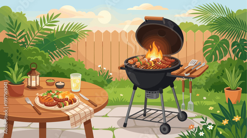 A vibrant, flat illustration depicts a summer backyard scene with a charcoal grill cooking kebabs and sausages, a table with food and drinks, and lush greenery.