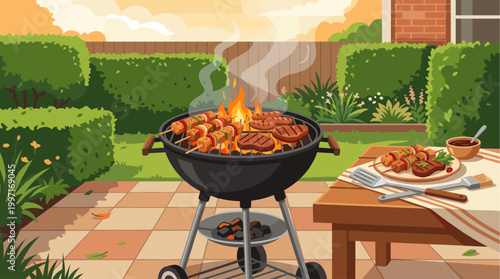 A vibrant, cartoon-style illustration shows a charcoal grill cooking juicy steaks and vegetable skewers in a sunny backyard garden setting with manicured hedges and a tiled patio.