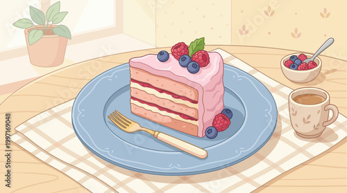 A charming illustration depicts a slice of layered cake adorned with fresh berries and a leaf, served on a blue plate with a fork.