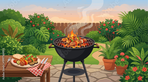 A backyard barbecue is grilling skewers of food over a fire during a vibrant sunset with lush green foliage surrounding.
