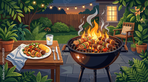 A delightful illustration of a backyard barbecue at dusk, featuring sizzling kebabs and corn on the grill, with string lights overhead creating a warm ambiance.