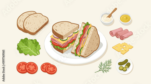 A charming illustration showcasing a delicious ham and cheese sandwich with all its fresh ingredients, including bread, lettuce, tomatoes, cheese, ham, pickles, and condiments.