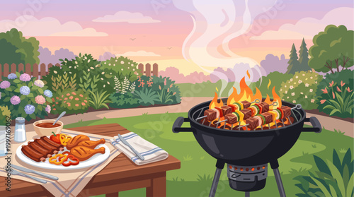 A beautiful sunset paints the sky over a backyard picnic scene featuring a sizzling grill with meat skewers and a table laden with ribs and chicken.