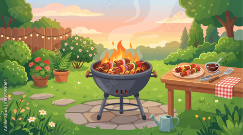 A vibrant illustration captures a backyard scene with a charcoal grill cooking vegetable and meat skewers, set against a backdrop of lush greenery and a colorful sunset sky.