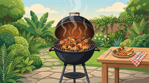 A lively backyard scene features a charcoal grill cooking kebabs with vibrant vegetables and meat, while a plate of grilled food sits on a wooden table, surrounded by lush greenery and a sunny sky.