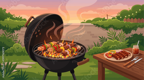 A lively outdoor barbecue scene at sunset, with sizzling kebabs on a grill and ribs on a table, evoking warmth and summer enjoyment.