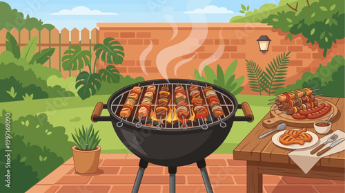 A vibrant illustration shows a charcoal grill cooking meat skewers and sausages in a lush backyard setting with plants, a fence, and a brick wall.
