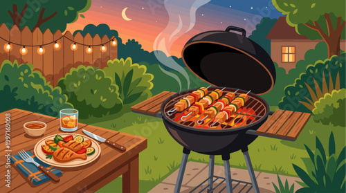 A colorful illustration depicts a backyard barbecue scene at twilight, with grilled chicken, skewers, and a drink on a wooden table.