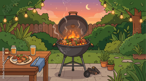A cozy cartoon illustration of a backyard barbecue with a grill cooking food, a table with a plate of kebabs and drinks, and string lights against a twilight sky.