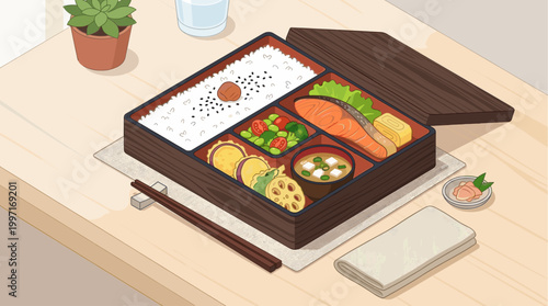 A beautifully arranged Japanese bento box filled with salmon, rice, vegetables, and soup, set on a wooden table with a succulent plant.