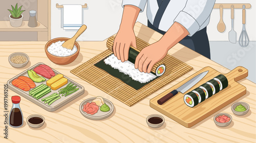 A chef meticulously prepares sushi, rolling ingredients with seaweed and rice on a mat, surrounded by fresh fish, avocado, tamagoyaki, cucumber, ginger, wasabi, and soy sauce.