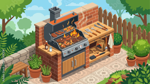 A vibrant isometric illustration depicts a brick barbecue grill cooking various meats and vegetable skewers on a sunny day, surrounded by lush greenery and a wooden fence.