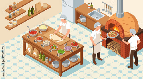 Chefs prepare and cook pizzas in a vibrant, isometric restaurant kitchen, featuring fresh ingredients, a wood-fired oven, and a cheerful, busy atmosphere.