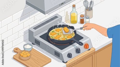 Isometric view of hand flipping golden chicken nuggets in a hot skillet with bubbling oil and herbs on a stovetop.