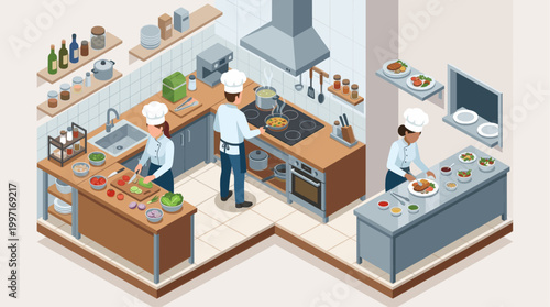 This isometric illustration shows chefs preparing food in a professional restaurant kitchen, highlighting teamwork and culinary arts.