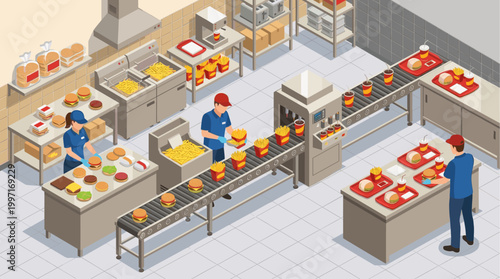 Isometric view of a busy fast food kitchen with workers assembling burgers and fries on a conveyor belt system for efficient production.