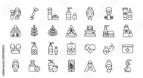 Collection of beauty and wellness icons line art.