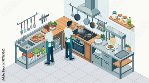 Two men in aprons preparing food in a well-equipped, isometric kitchen, with cooking stations, utensils, and ingredients visible.