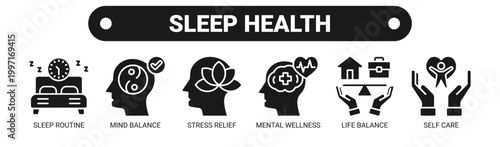 Sleep Health web banner icon vector illustration concept with icons of sleep routine, mind balance, stress relief, mental wellness, life balance, and self care.