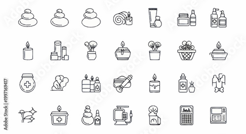 Collection of spa and wellness icons in outline style.