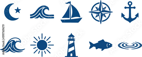 Set of Maritime and Nautical Icons with Textured Flat Vector Design.eps