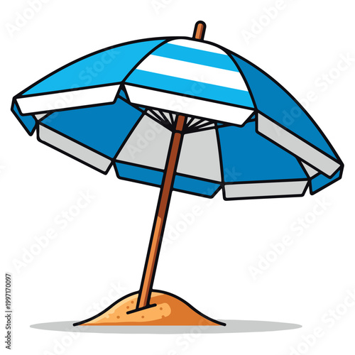 Blue White Striped Beach Umbrella Cartoon Vector Design