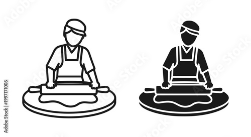 Bild auf Leinwand Baker vector icon set with rolling pin and dough, outline and solid style, isola