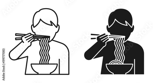 Man eating noodles icon set with outline and solid silhouette styles, isolated on white background