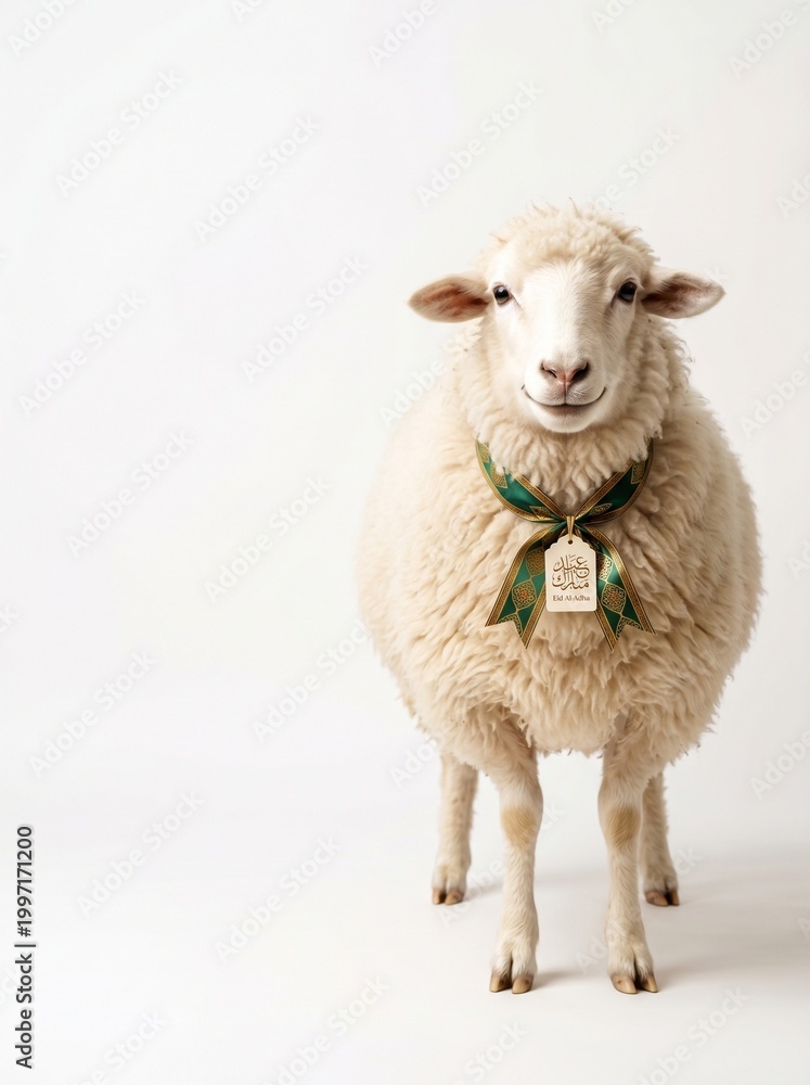 Fototapeta premium Fluffy White Sheep Standing on Clean White Background with Copy Space