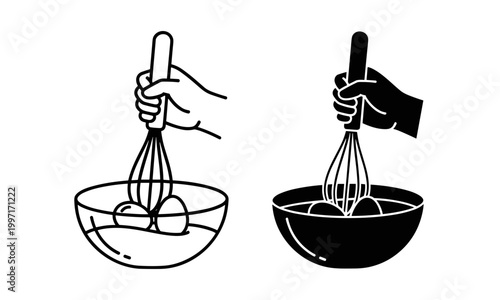 Whisking eggs in bowl vector icon set, outline and solid style, isolated on white background