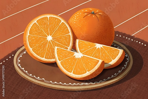 A vibrant still life of sliced oranges on a decorative plate