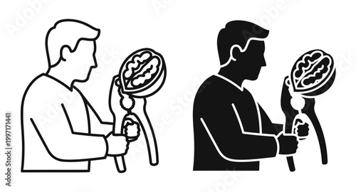 Man cracking walnut icon set with nutcracker tool, outline and solid style, isolated on white background