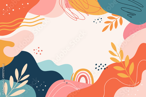 Abstract Trendy Artistic Banner Template with Hand Drawn Organic Shapes, Leaves, and Minimalist Floral Elements for Cover, Invitation, Placard, Brochure, Poster, and Social Media Background Design