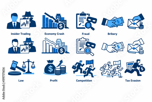 Photos Corporate Crime and Business Ethics Icon Set Featuring Insider Trading, Economy Crash, Financial Fraud, Bribery, Law, Profit, Competition, and Tax Evasion in a Modern Flat Blue Vector Style