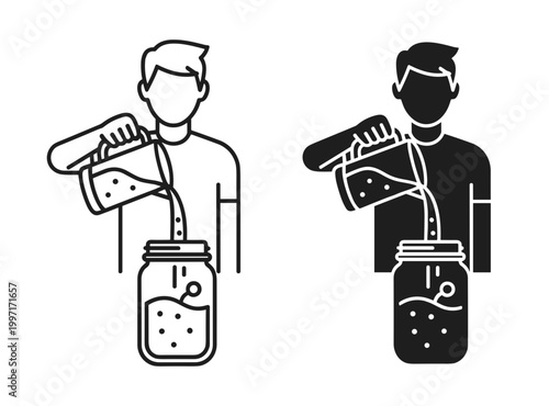 Man pouring liquid into jar icon set, outline and solid glyph styles, white background