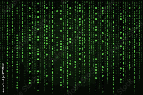 Abstract Digital Background with Dense Green Binary Code Matrix Pattern Falling on a Black Surface, Representing Cyber Security, Data Stream, Computer Programming, and High-Tech Information