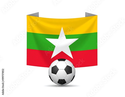 Illustration features a flag with horizontal stripes and a white star, positioned above a soccer ball