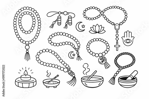 Traditional Prayer Beads and Religious Rosary Meditation Elements Set; Technical Monoline Illustrations of Mala, Tasbih, Cross, Crescent, Lotus, Hamsa, Om, Incense, Candle, and Singing Bowl.