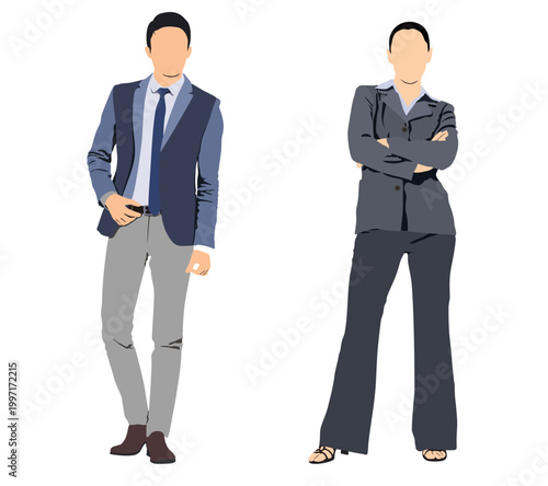 Business people, men and women in formal suits standing confident