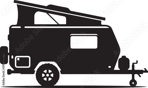 Black camper van, caravan, RV, travel trailer vector icon