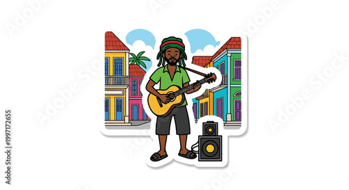 Street Musician Playing Guitar on a Colorful Street