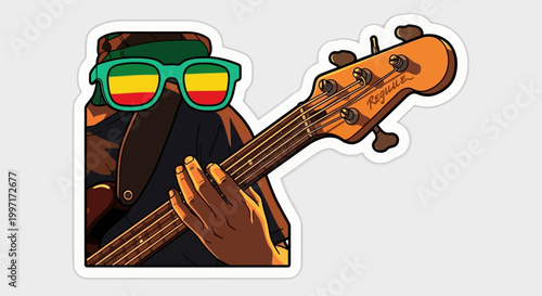 Cool cartoon reggae bass player wearing sunglasses sticker illustration.