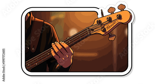 Illustration of a musician playing an electric bass guitar on a dark stage