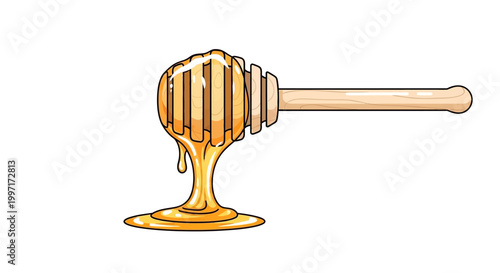 Golden honey dripping from a wooden dipper stick