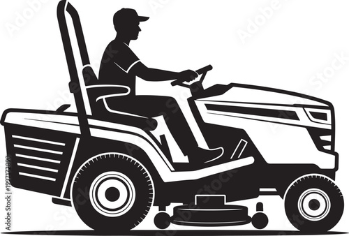Black silhouette of man driving lawn mower professional gardener operating landscaping tractor mower.