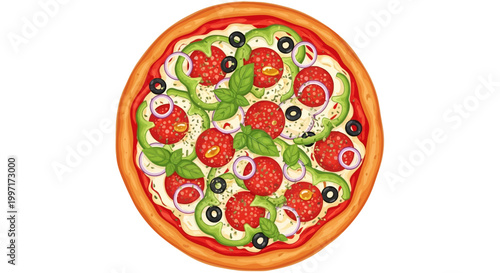 Tasty pepperoni and vegetable pizza with basil, olives, and onions