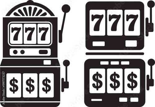Slot machine icons set with seven and dollar symbols for gambling gaming and entertainment industry.