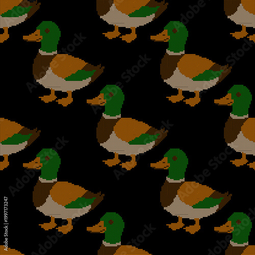Seamless cross-stitch pattern featuring mallard ducks on a black background. Traditional embroidery style pixel art with wild birds, rustic farmhouse textile design for crafts, wallpaper, and apparel.